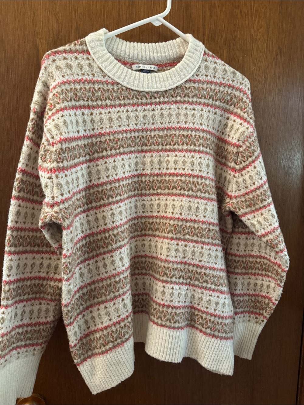 American Eagle Outfitters Cream Fair Isle Crewneck with Pink and Brown Stripes